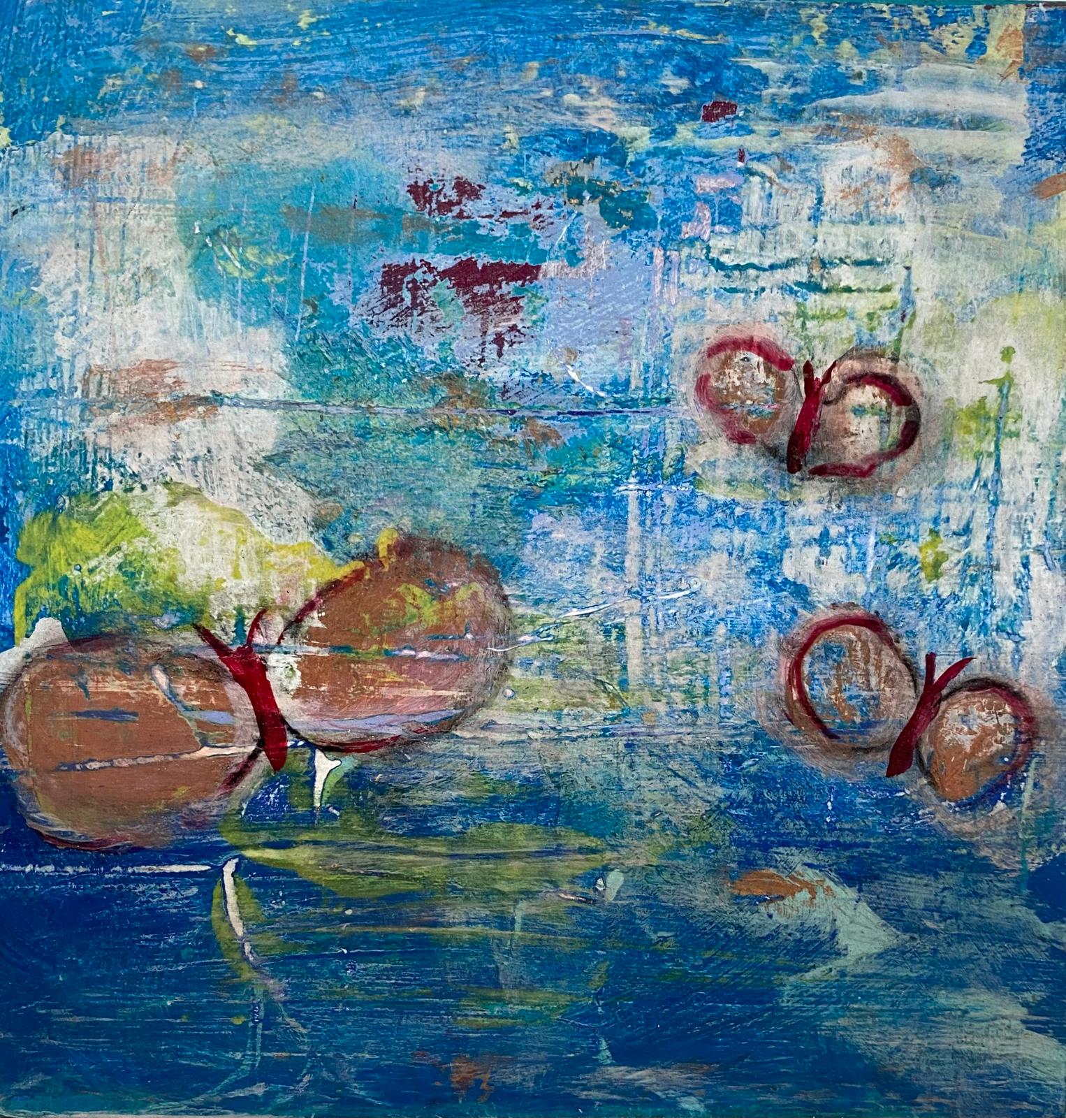 Kleinformat 15 x 15 cm von Angelina W.: rote Schmetterlinge über runden Steinen in blauem Wasser
