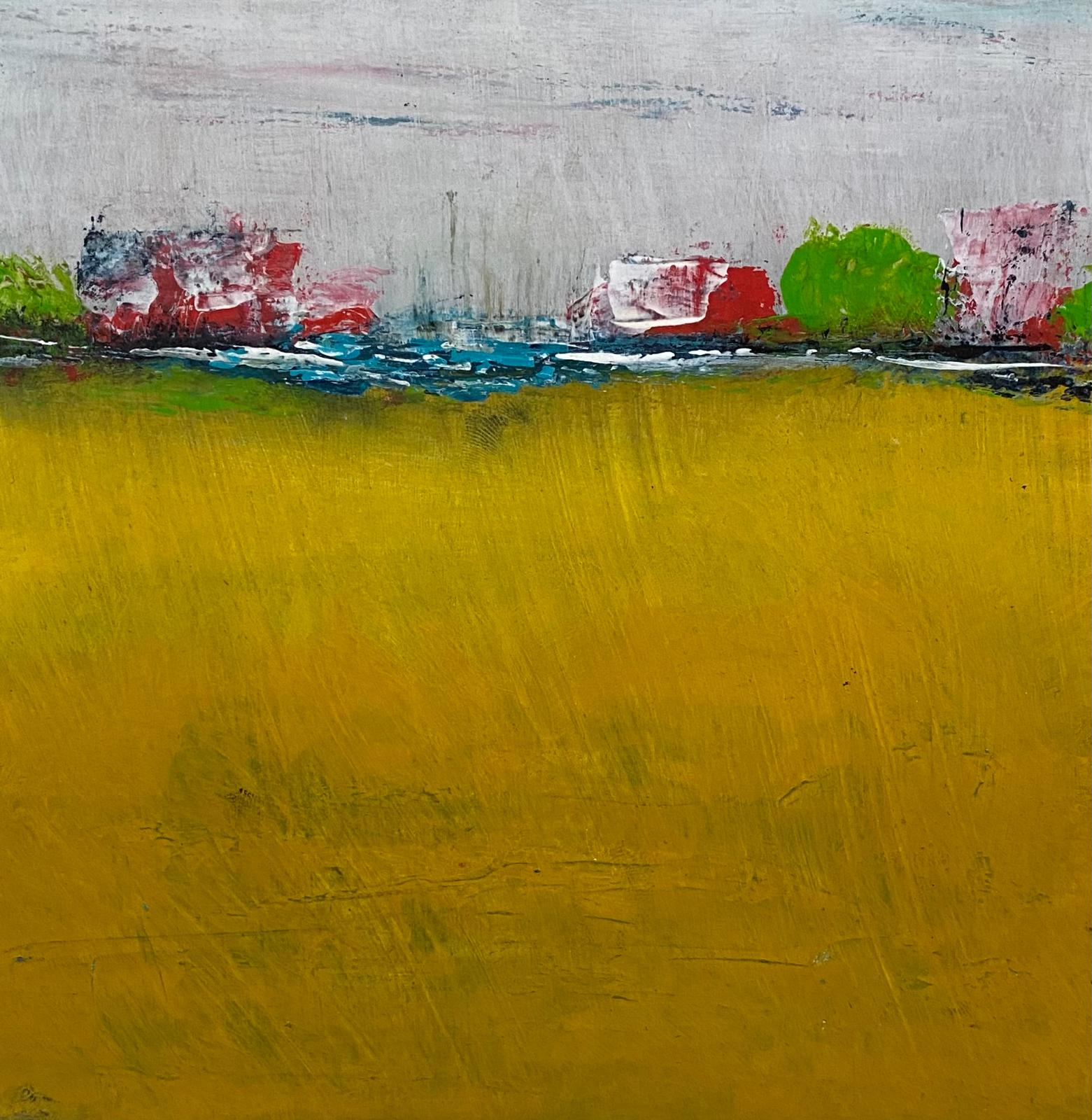 Kleinformat 15 x 15 cm von Angelina W.: gelbes Feld mit roten Häusern und grünen Bäumen am Horizont