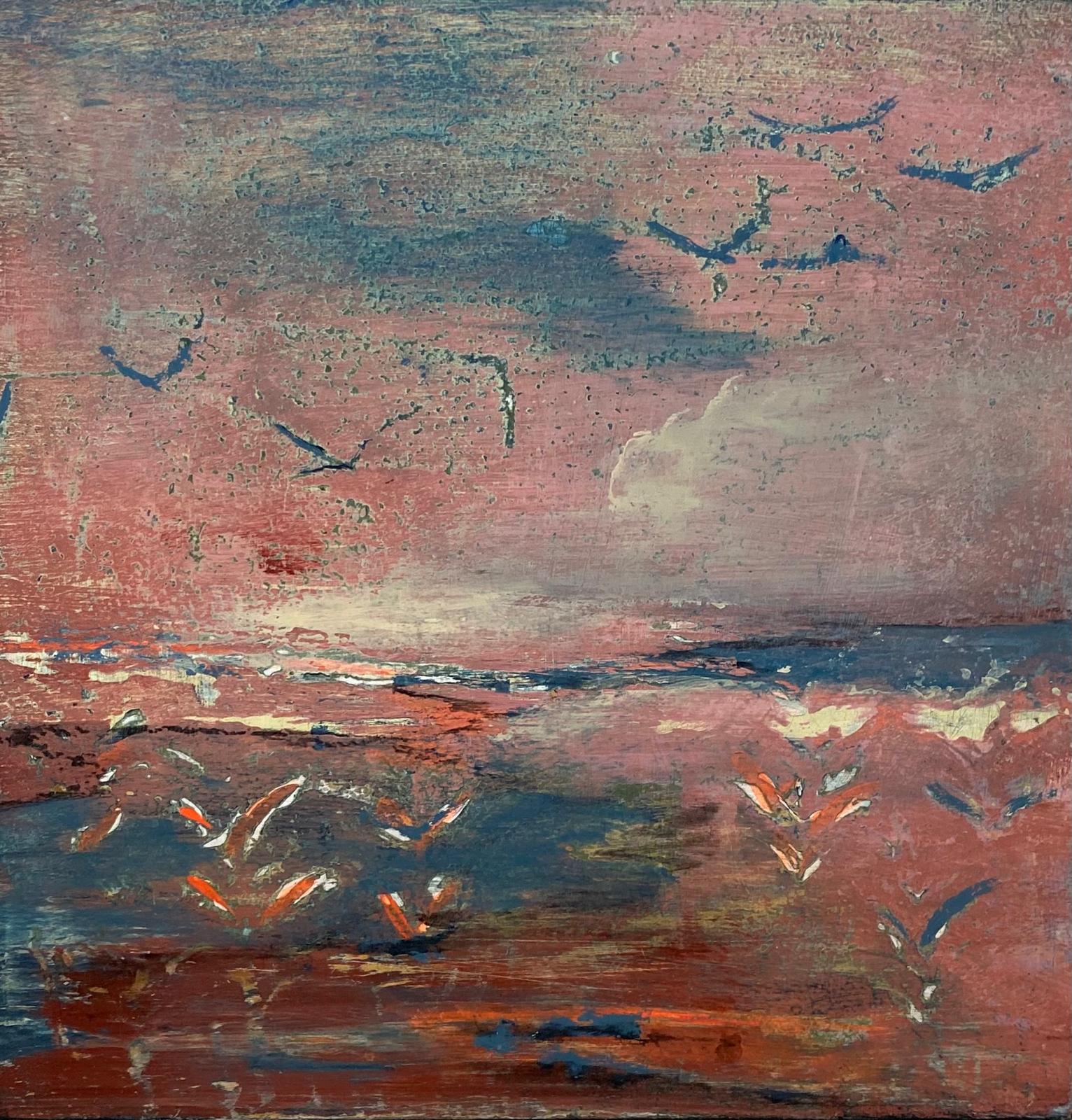 Kleinformat 15 x 15 cm von Angelina W.: Vögel über dem Meer in rosa-rotem Abendlicht